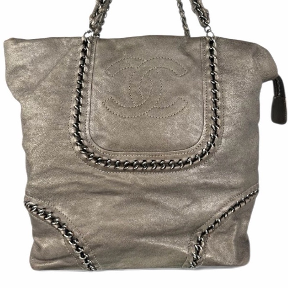 Chanel Metallic Silver Chain-Trim Leather Tote